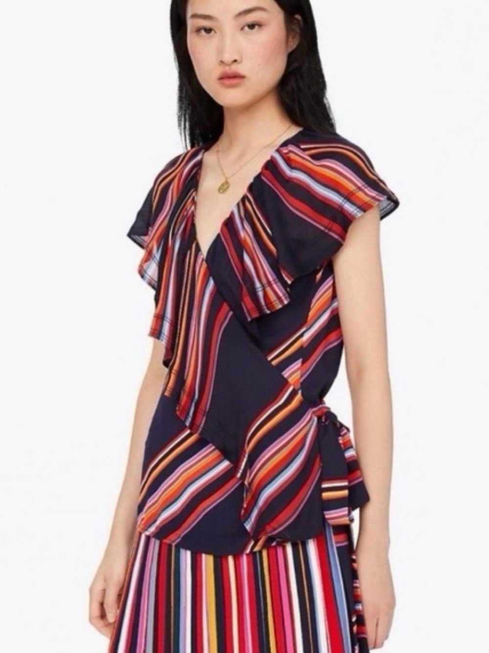 Tory Burch Navy Adelia Wrap Top with Multi-Color Stripes | Size 12